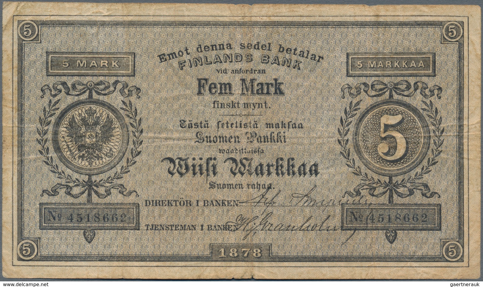 Finland / Finnland: 5 Markkaa 1878, P.A43, Still Great Original Shape With A Few Folds And Lightly T - Finland