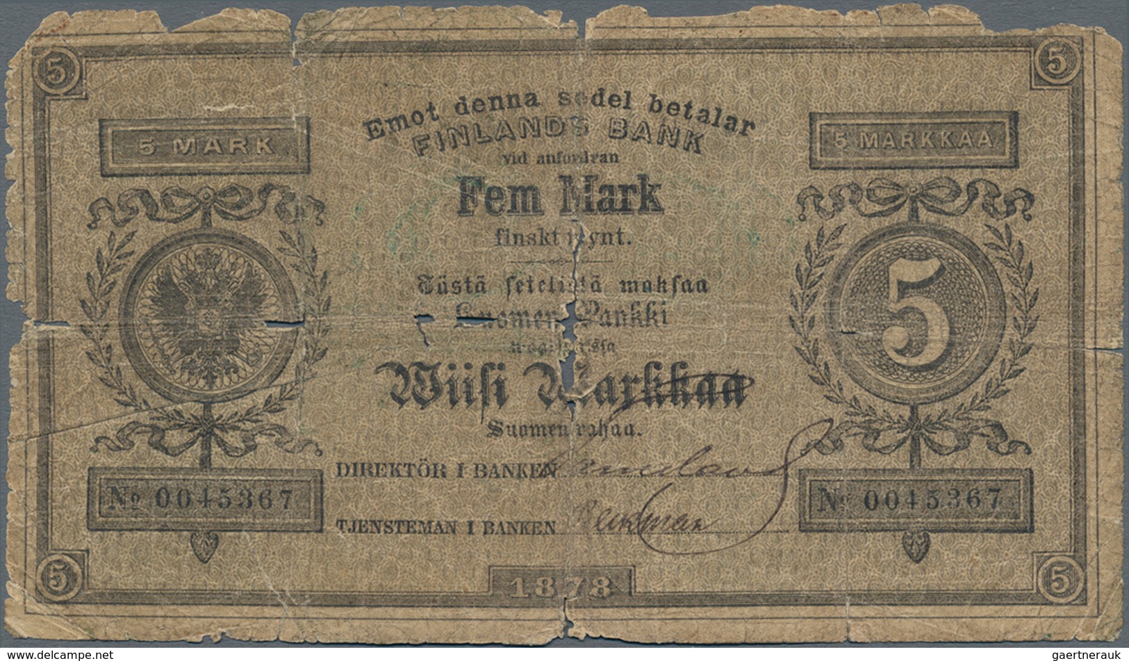 Finland / Finnland: 5 Markkaa 1878, P.A73a, Almost Well Worn With Margin Splits And Holes At Center. - Finnland