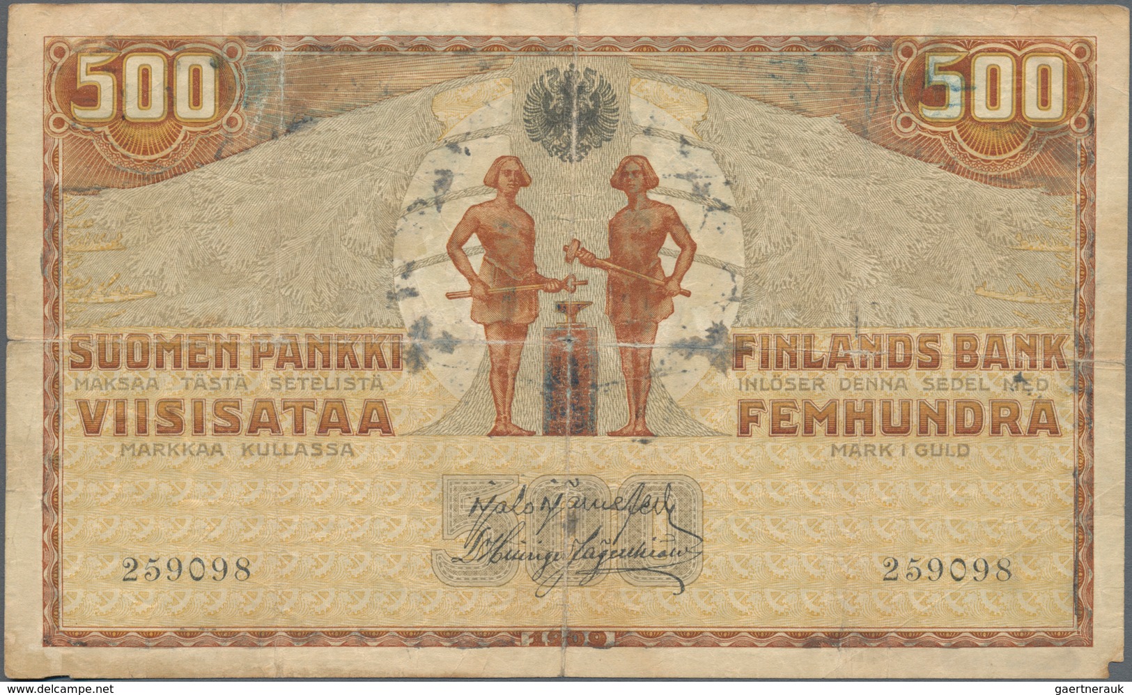 Finland / Finnland: Very Nice Lot With 3 Banknotes 5 Markkaa 1909 P.9 (F+), 500 Markkaa 1909 P.23 (F - Finland