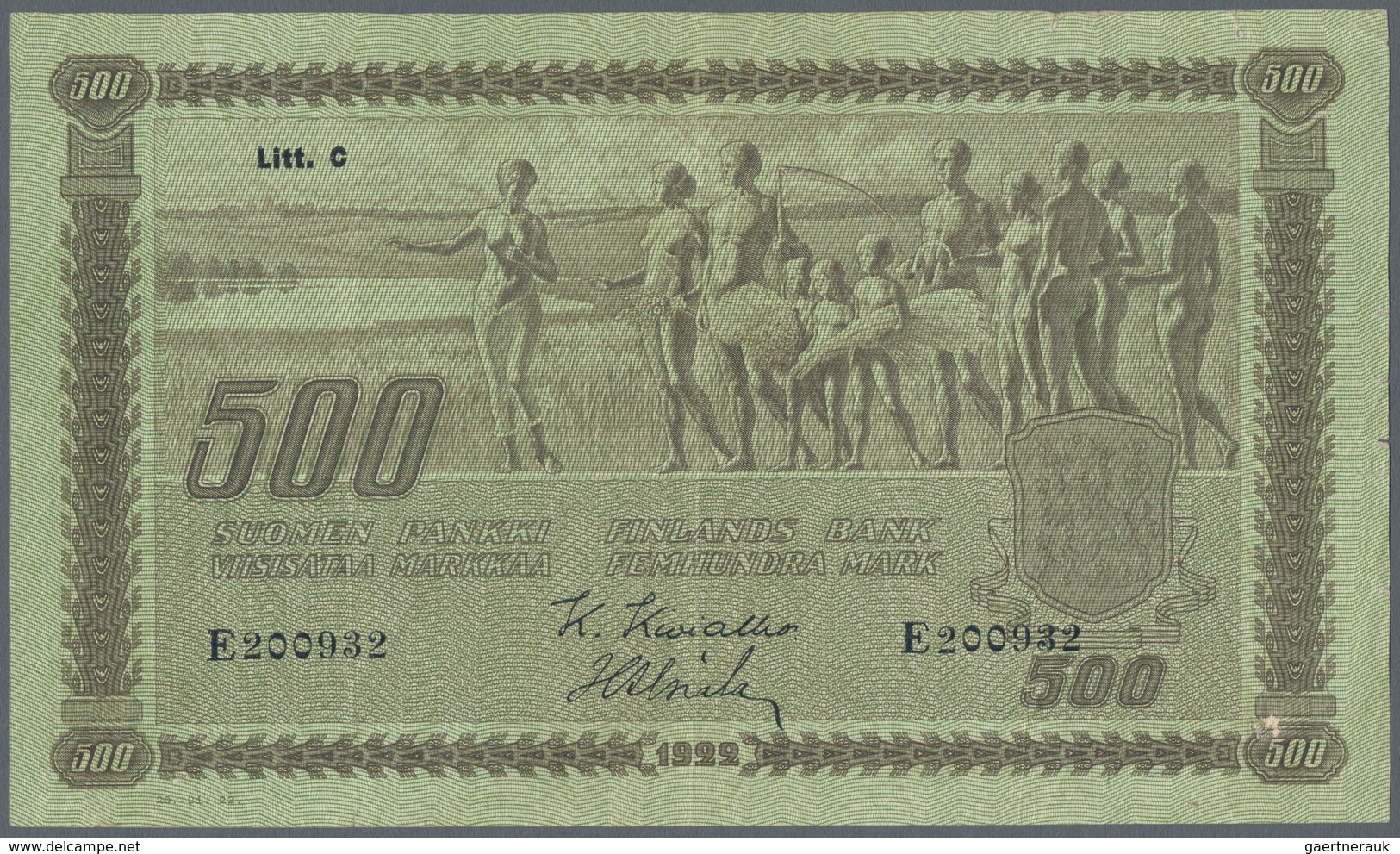 Finland / Finnland: 500 Markkaa 1922, Litt. C, P.66a, Still Nice Note With Small Border Tears, Some - Finland