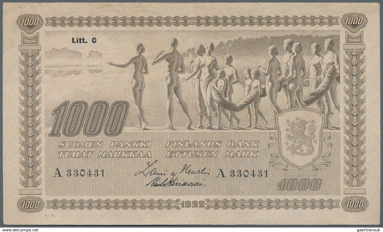 Finland / Finnland: 1000 Markkaa ND(1931-45) P. 67a, Light Center Fold, Staining At Upper Border On - Finland