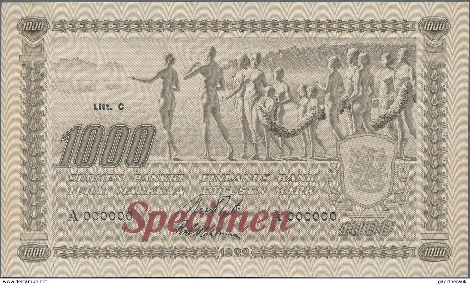 Finland / Finnland: 1000 Markkaa 1922 Litt.C SPECIMEN, P.67s, Highly Rare And Extremely Nice Banknot - Finnland