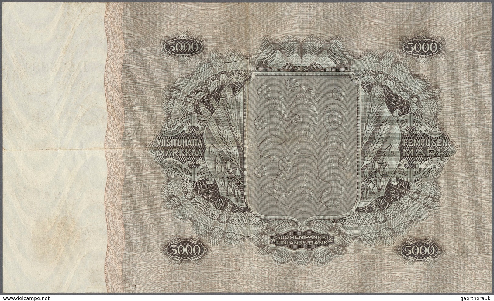 Finland / Finnland: 5000 Markkaa 1945 P. 83a, Vertically And Horizontally Folded, Light Stain On Bac - Finnland