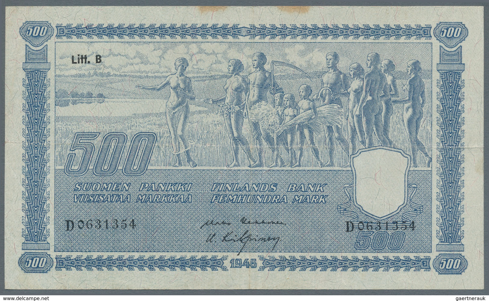 Finland / Finnland: 500 Markkaa 1945, Litt. B, P.89, Very Nice Condition For This Large Size Note Wi - Finnland