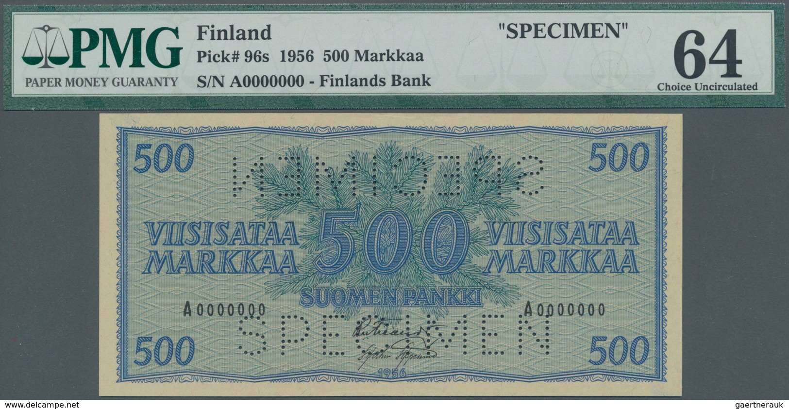 Finland / Finnland: 500 Markkaa 1956 SPECIMEN, P.96s In UNC, PMG Graded 64 Choice Uncirculated - Finlandia