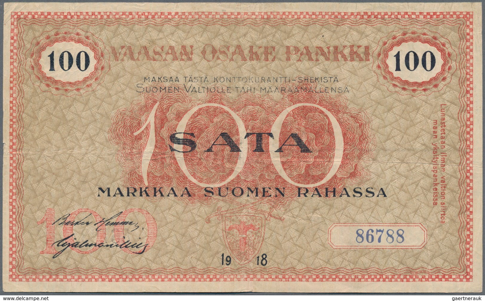 Finland / Finnland: Vaasan Osake Pankki / Wasa Aktie Bank 100 Markkaa 1918, P.S112, Still Strong Pap - Finnland