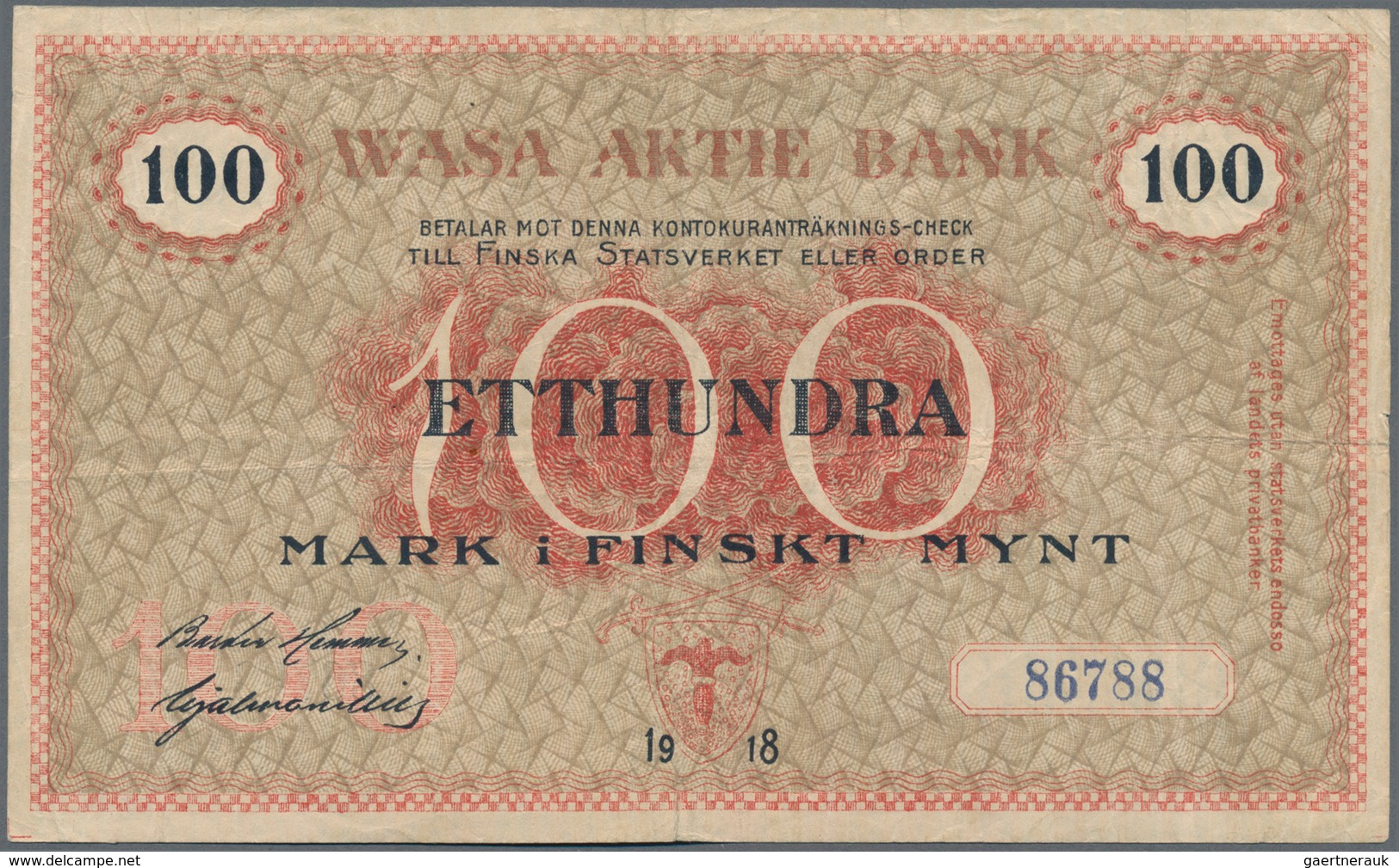 Finland / Finnland: Vaasan Osake Pankki / Wasa Aktie Bank 100 Markkaa 1918, P.S112, Still Strong Pap - Finnland