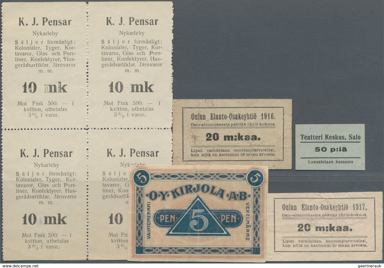 Finland / Finnland: Nice Group Of Notgeld Issues Comprising 5 Pennia Kirjola ND, 50 Pennia Salo ND, - Finnland