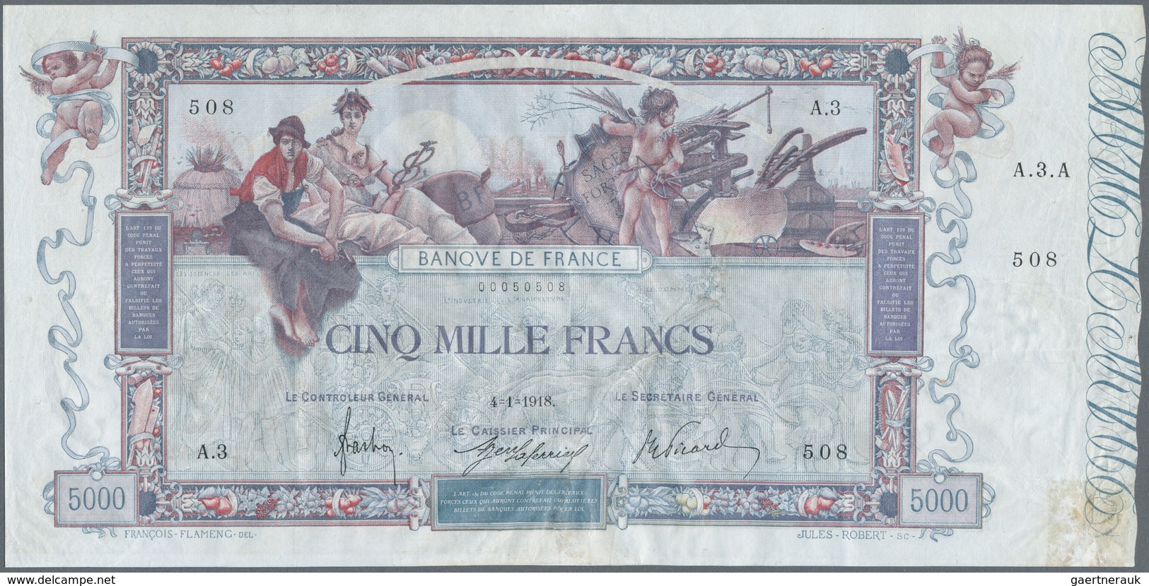 France / Frankreich: Rare And Beautiful Note 5000 Francs 1918 "FLAMENG" P. 76, With Very Crisp Origi - Other & Unclassified