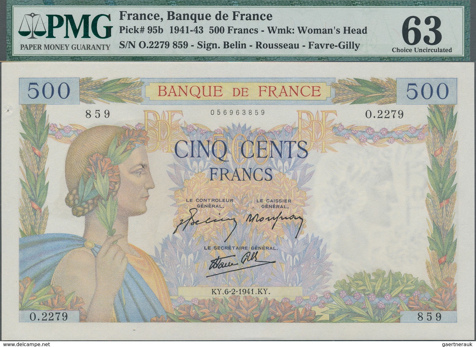 France / Frankreich: 500 Francs February 6th 1941, P.95b With Two Tiny Holes At Center, PMG Graded 6 - Other & Unclassified