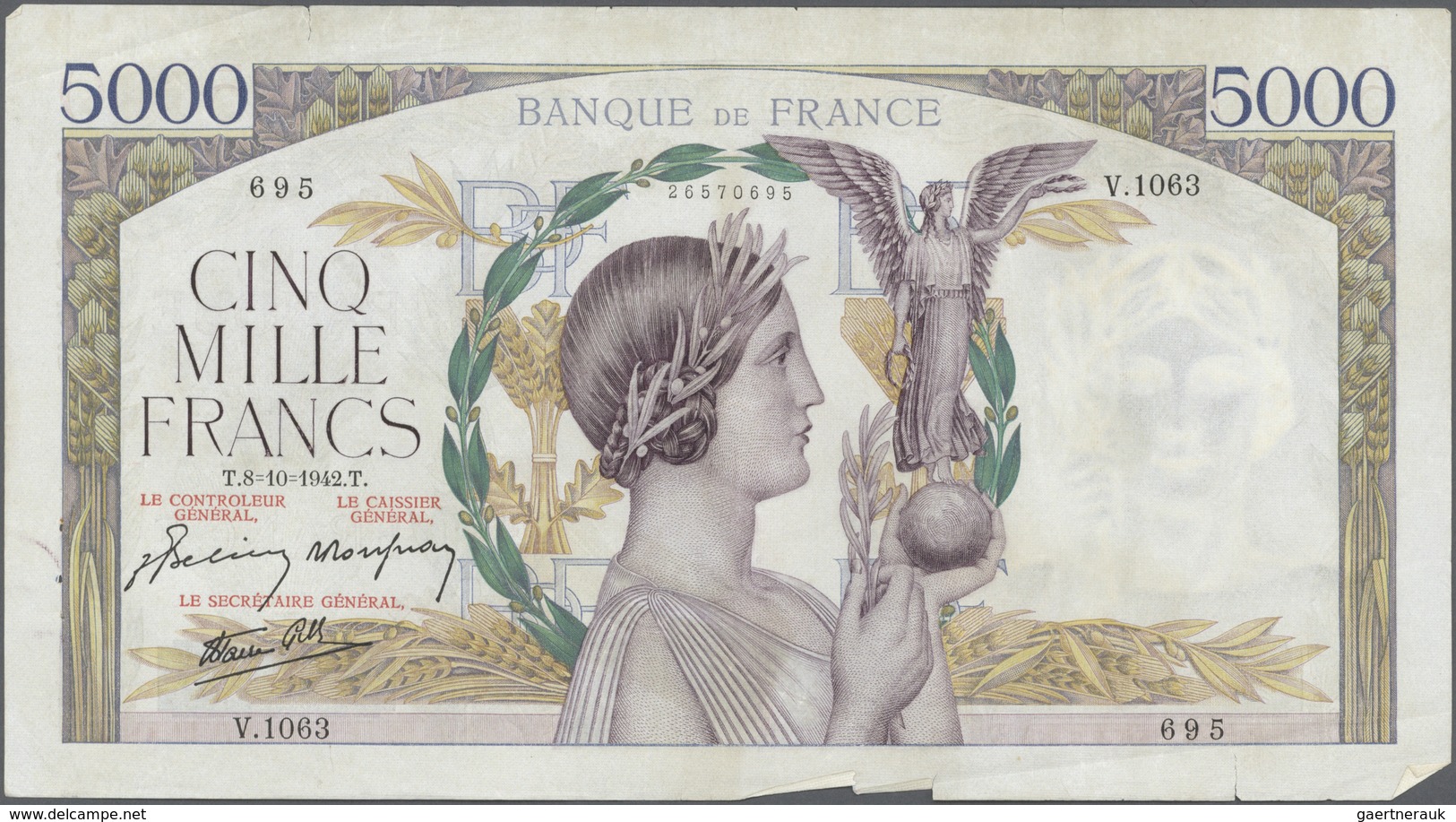 France / Frankreich: Large Lot Of 25 MOSTLY CONSECUTIVE Notes Of 5000 Francs "Victoire" 1943 P. 97 N - Sonstige & Ohne Zuordnung