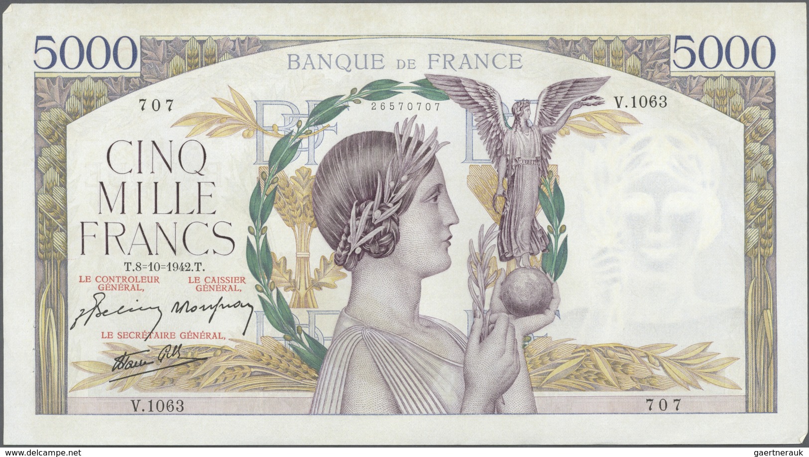 France / Frankreich: large lot of 25 MOSTLY CONSECUTIVE notes of 5000 Francs "Victoire" 1943 P. 97 n