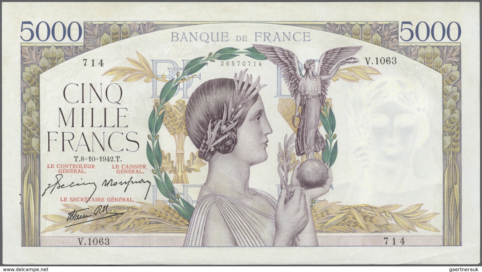 France / Frankreich: large lot of 25 MOSTLY CONSECUTIVE notes of 5000 Francs "Victoire" 1943 P. 97 n