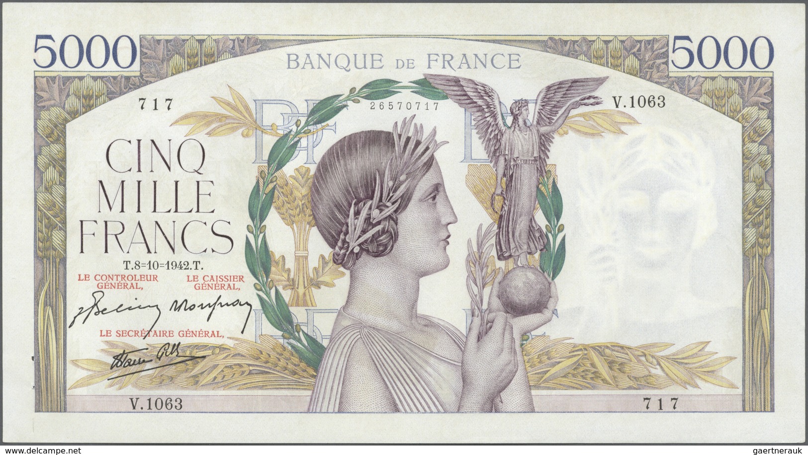 France / Frankreich: large lot of 25 MOSTLY CONSECUTIVE notes of 5000 Francs "Victoire" 1943 P. 97 n