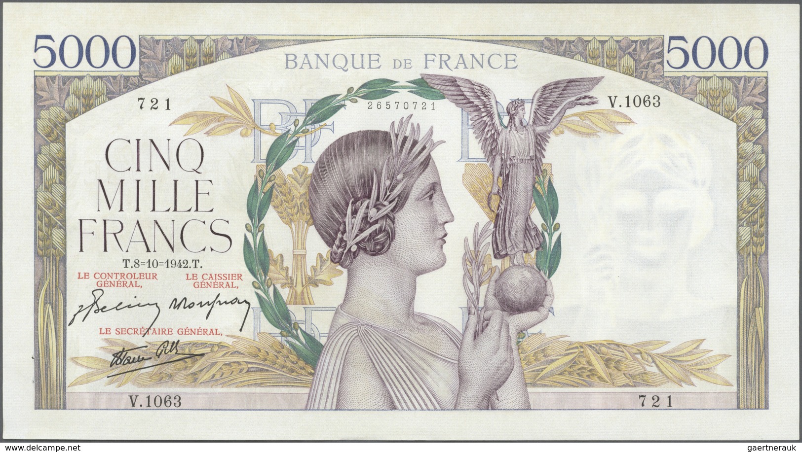 France / Frankreich: large lot of 25 MOSTLY CONSECUTIVE notes of 5000 Francs "Victoire" 1943 P. 97 n