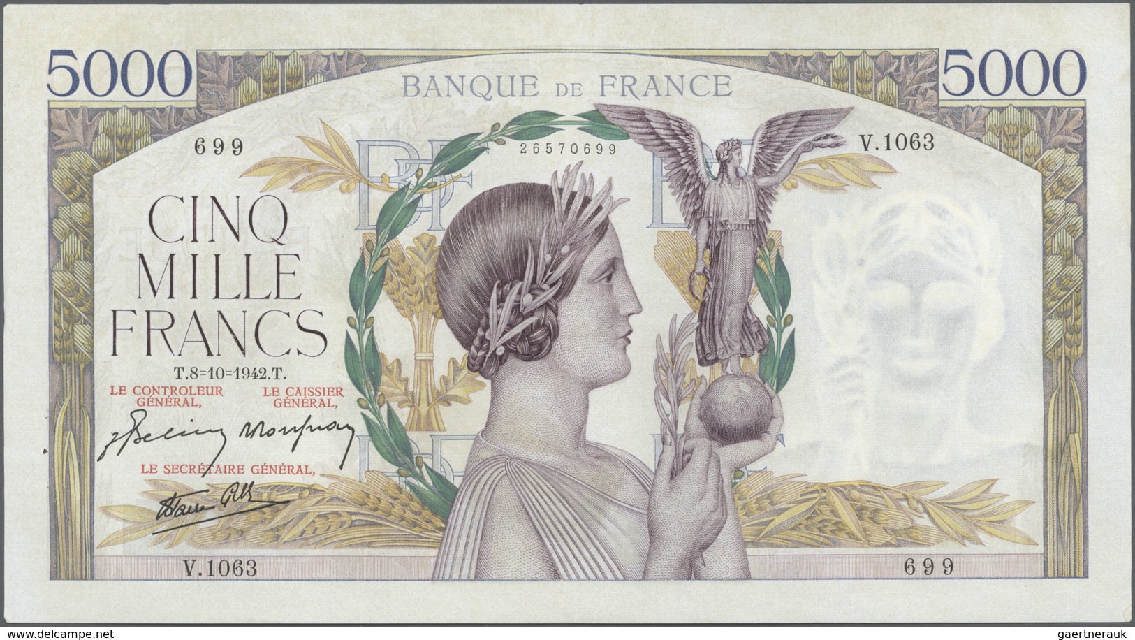 France / Frankreich: large lot of 25 MOSTLY CONSECUTIVE notes of 5000 Francs "Victoire" 1943 P. 97 n
