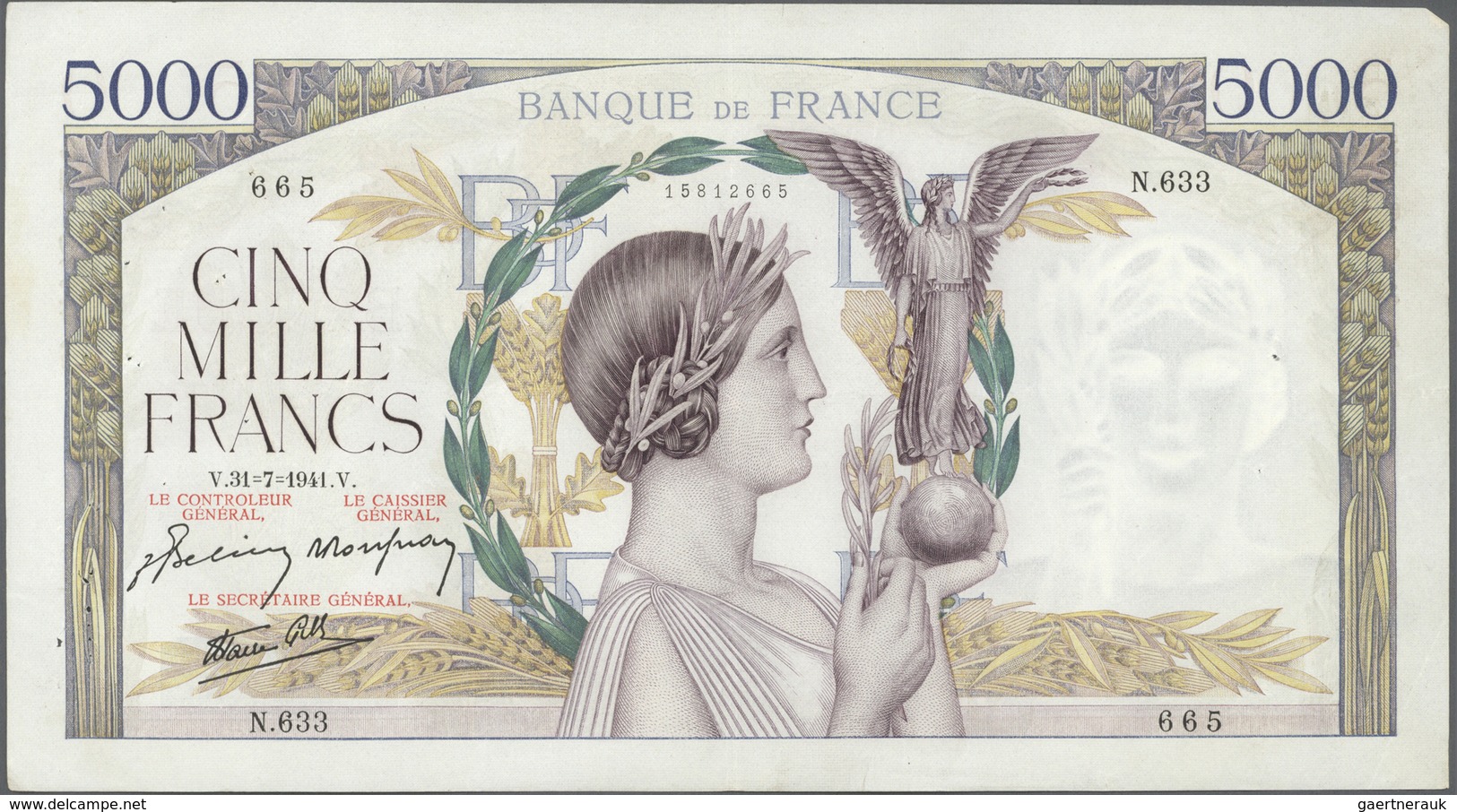 France / Frankreich: set of 22 notes 5000 Francs 1939-43 "Victoire" P. 97, all notes used with folds