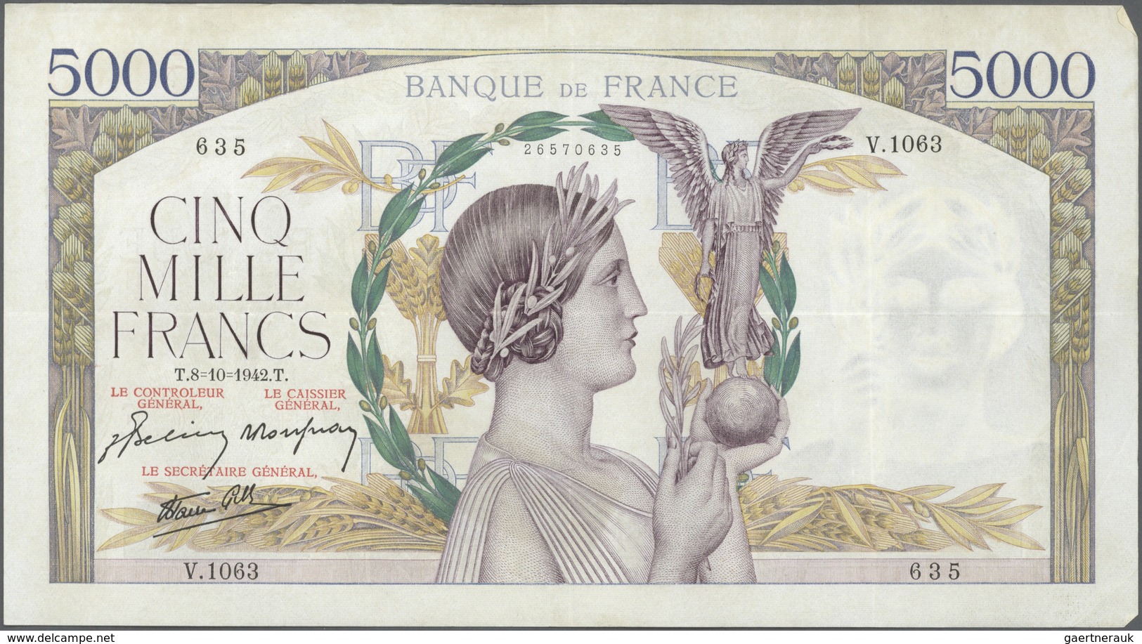 France / Frankreich: set of 22 notes 5000 Francs 1939-43 "Victoire" P. 97, all notes used with folds