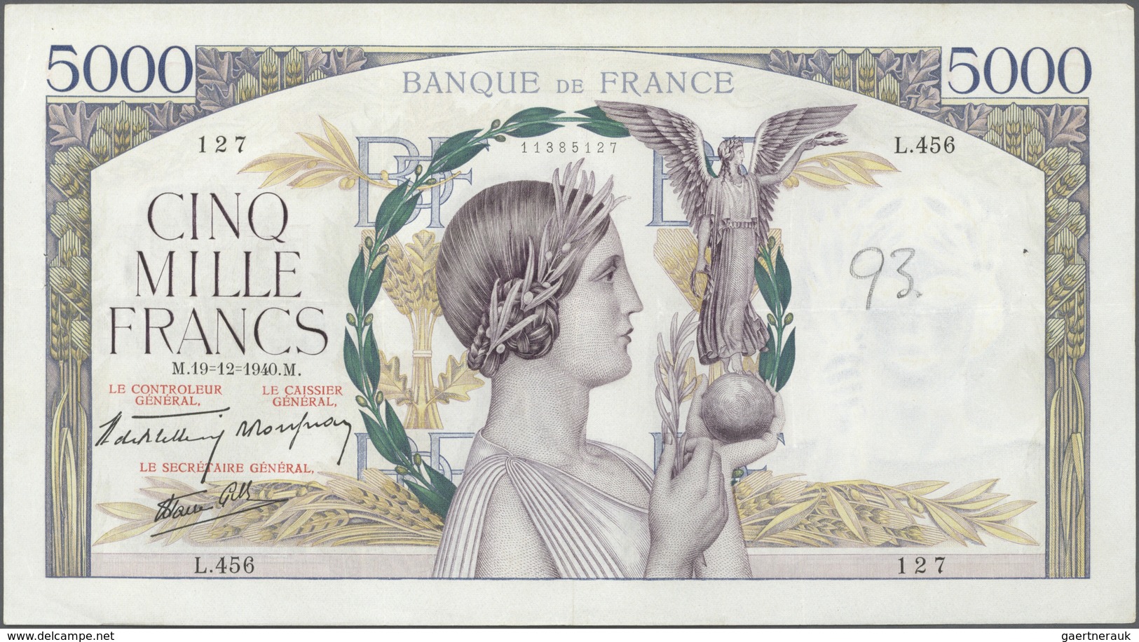 France / Frankreich: set of 22 notes 5000 Francs 1939-43 "Victoire" P. 97, all notes used with folds