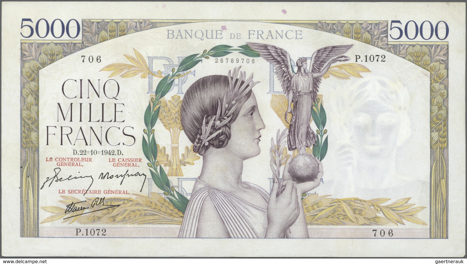 France / Frankreich: set of 22 notes 5000 Francs 1939-43 "Victoire" P. 97, all notes used with folds