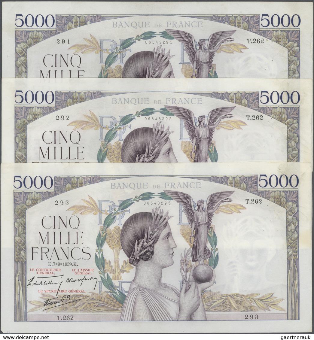 France / Frankreich: Set Of 3 CONSECUTIVE Notes 5000 Francs "Victoire" 1939 P. 97, S/N 06543291 & -3 - Other & Unclassified