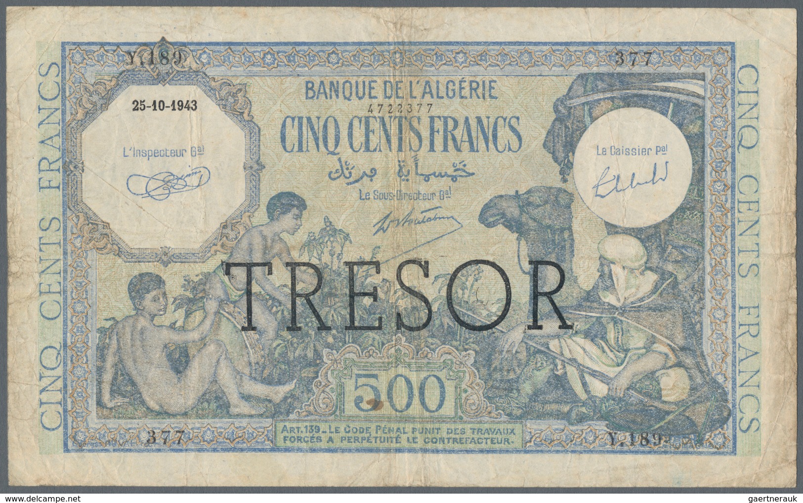 France / Frankreich: Trésor Central 500 Francs 1943, Overprint "TRESOR" On Algeria #93, P.111, Issue - Otros & Sin Clasificación