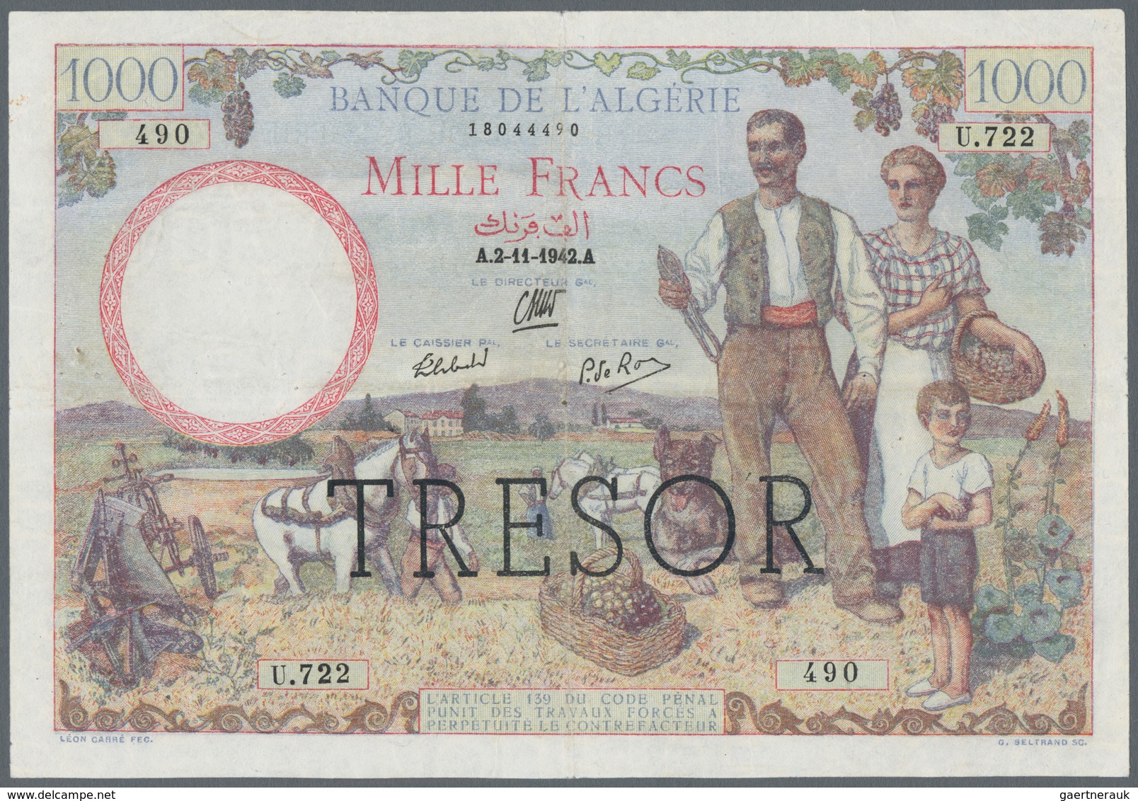 France / Frankreich: Trésor Central 1000 Francs 1942, Overprint "TRESOR" On Algeria #89, P.112b, Iss - Sonstige & Ohne Zuordnung