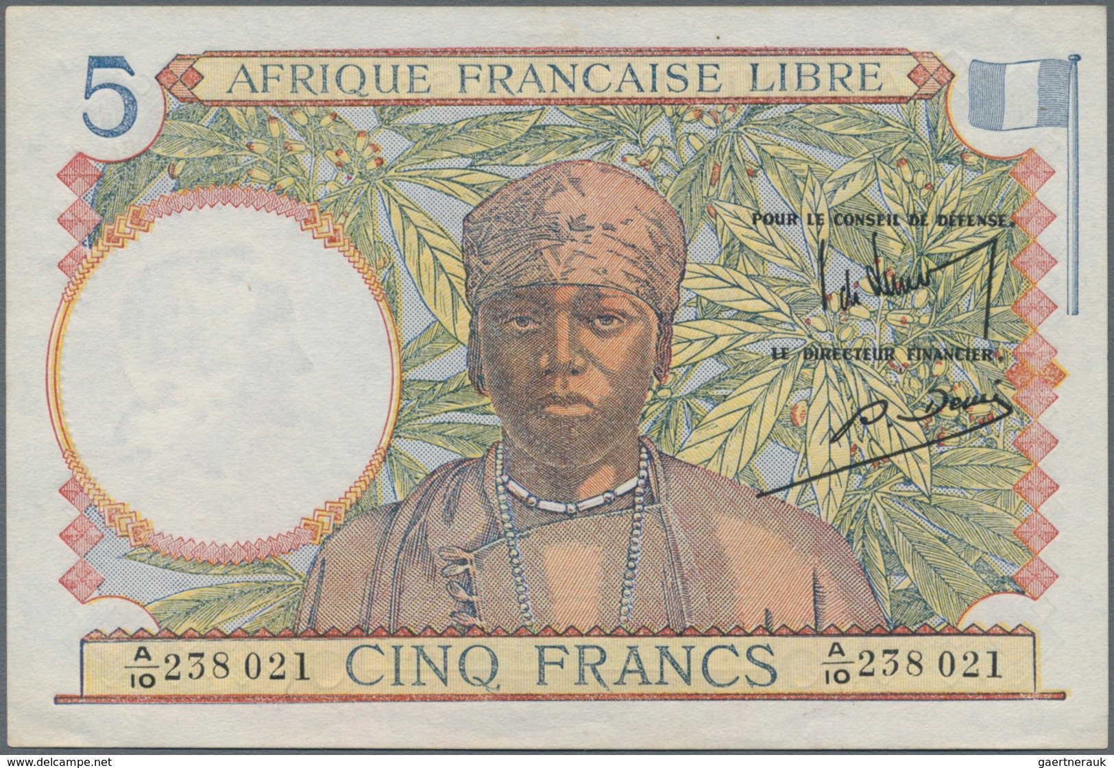 French Equatorial Africa / Französisch-Äquatorialafrika: Afrique Française Libre 5 Francs ND(1941), - Equatorial Guinea