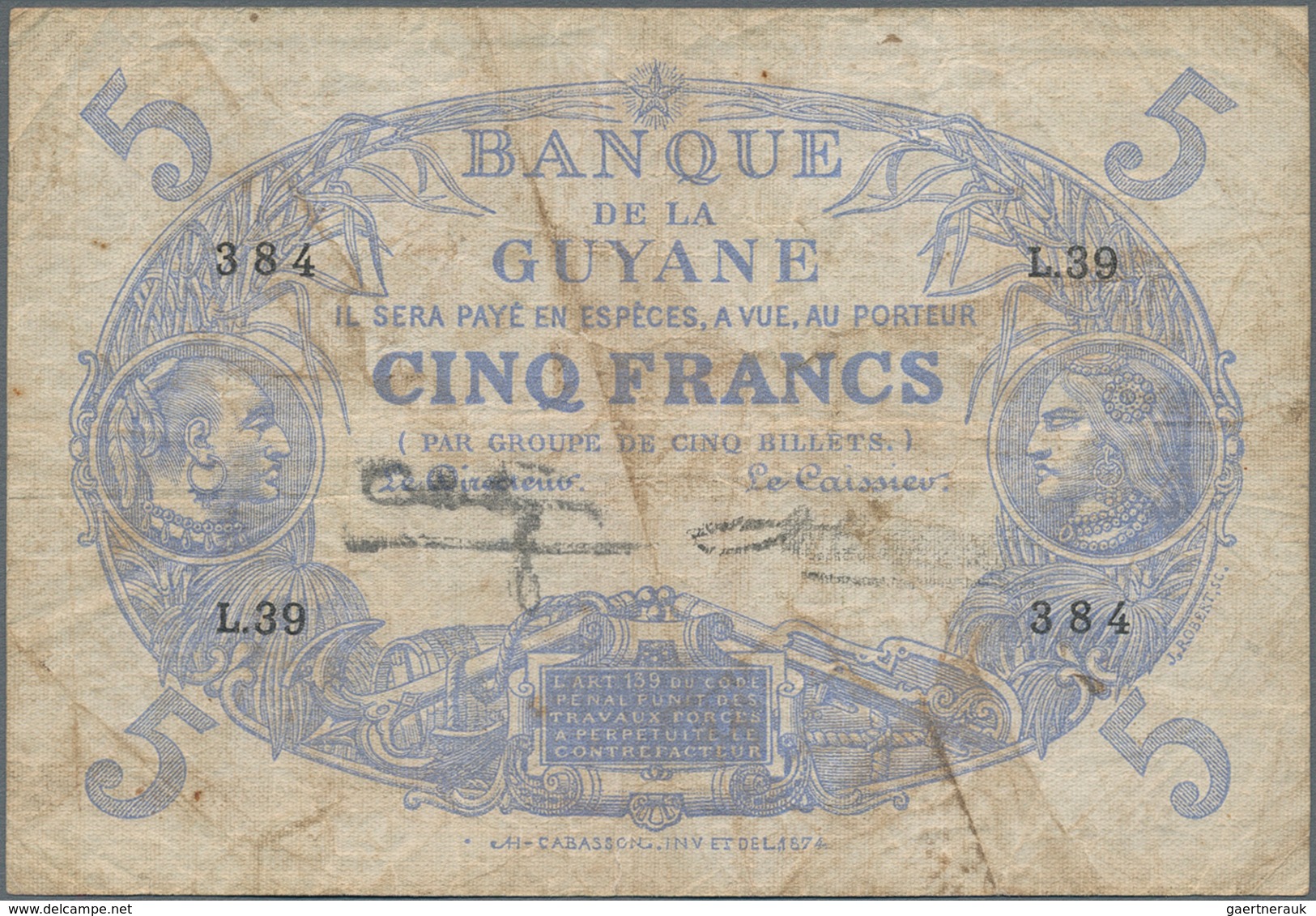 French Guiana / Französisch-Guayana: Banque De La Guyane 5 Francs L. 1901 (1922-1947), P.1, Still St - Französich-Guyana