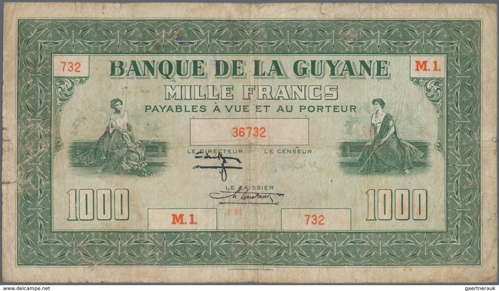 French Guiana / Französisch-Guayana: Banque De La Guyane 1000 Francs ND(1942), Extraordinary Rare Ba - French Guiana