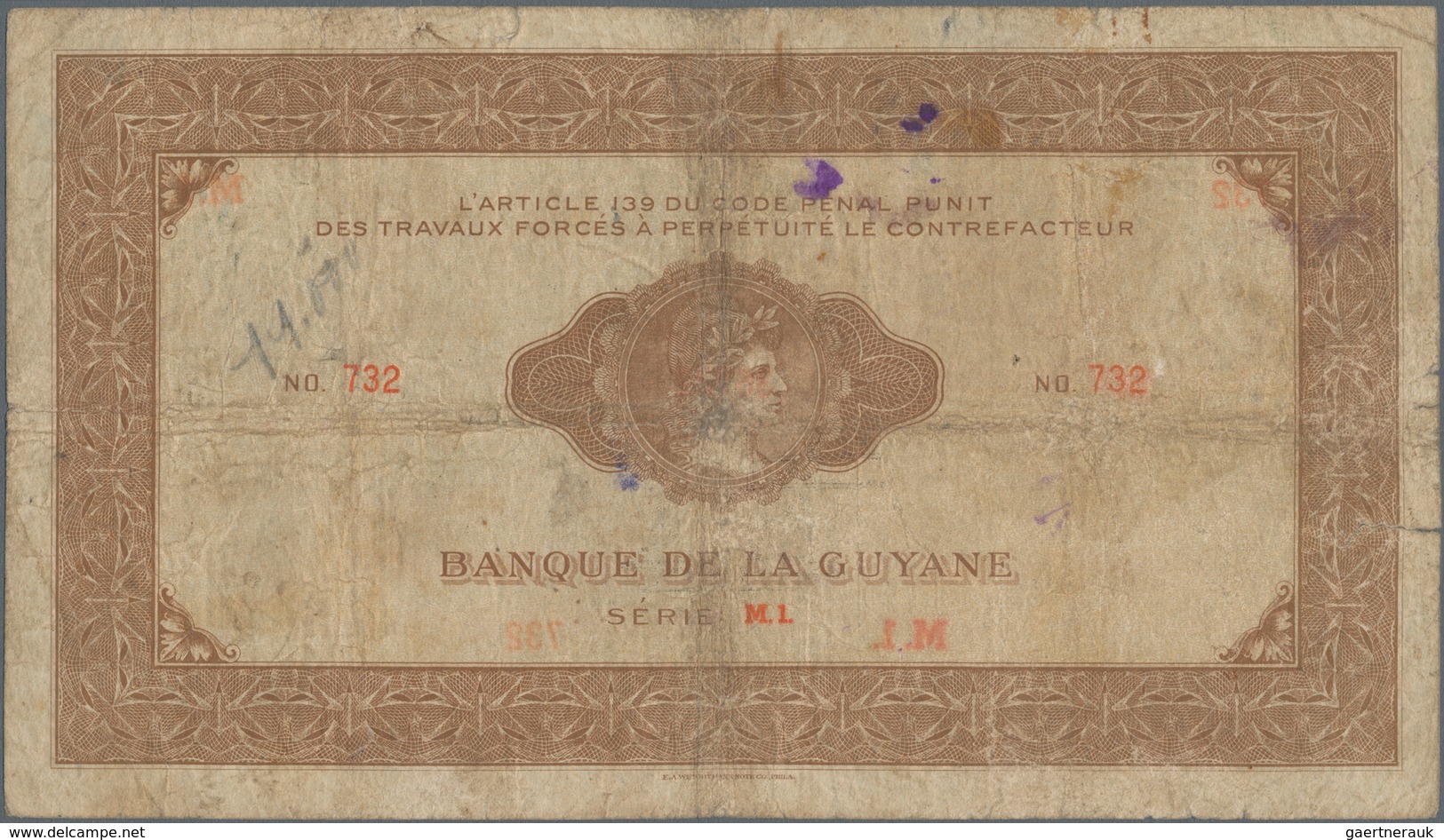 French Guiana / Französisch-Guayana: Banque De La Guyane 1000 Francs ND(1942), Extraordinary Rare Ba - French Guiana