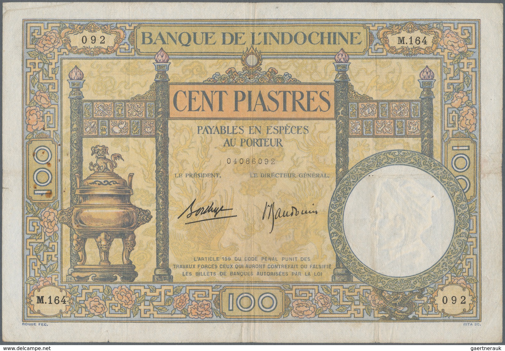 French Indochina / Französisch Indochina: 100 Piastres ND(1925-39) P. 51d, S/N 04086092 M.164, Used - Indocina
