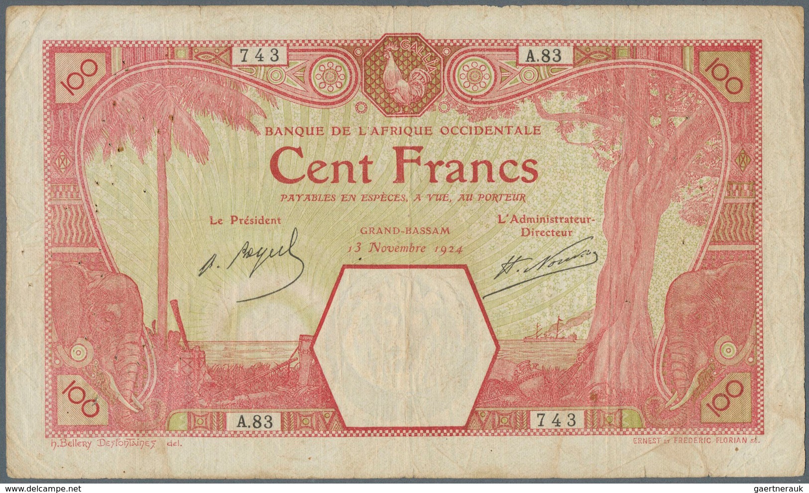 French West Africa / Französisch Westafrika: 100 Francs 1924 GRAND-BASSAM P. 11Dd, Used With Folds A - Westafrikanischer Staaten