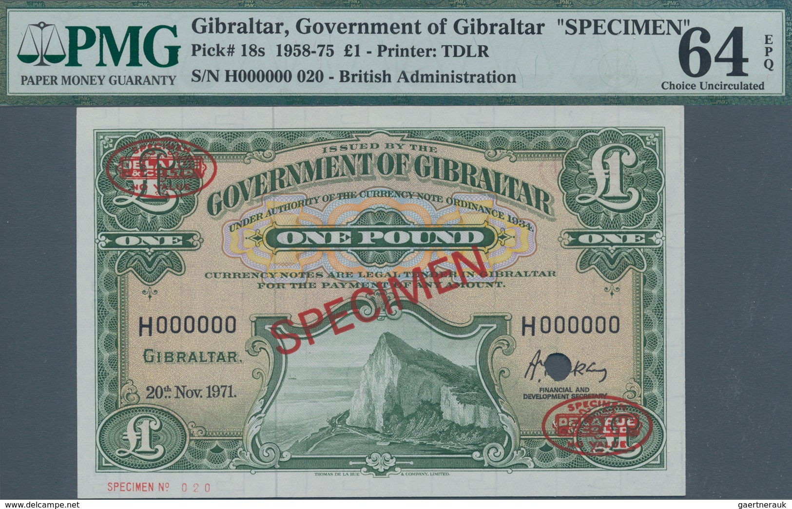 Gibraltar: 1 Pound 1971 SPECIMEN, P.18s In UNC, PMG Graded 64 Choice Uncirculated EPQ - Gibraltar