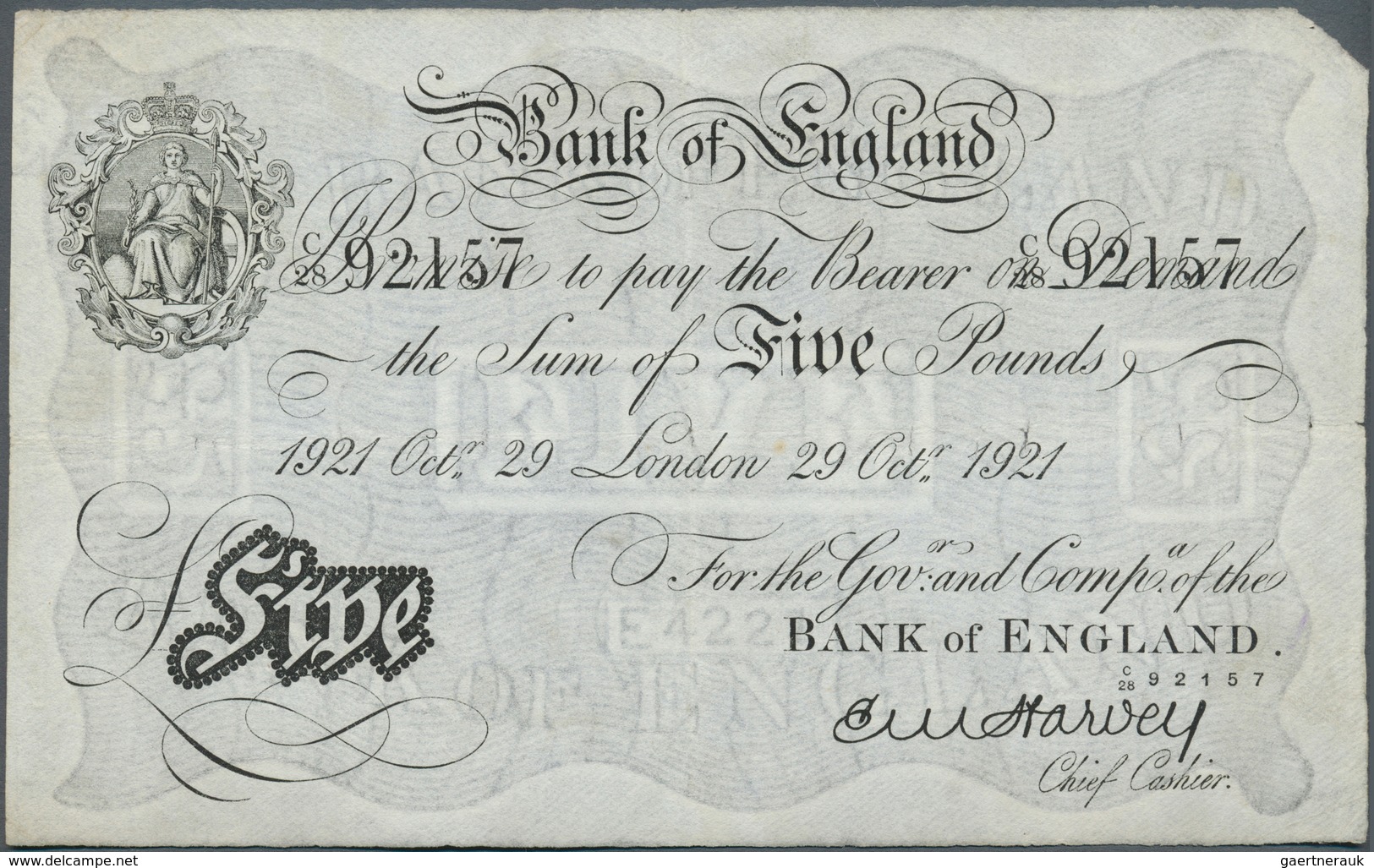 Great Britain / Großbritannien: 5 Pounds 1921 P. 312a, Issued In London, Early Date, Folded But No H - Sonstige & Ohne Zuordnung