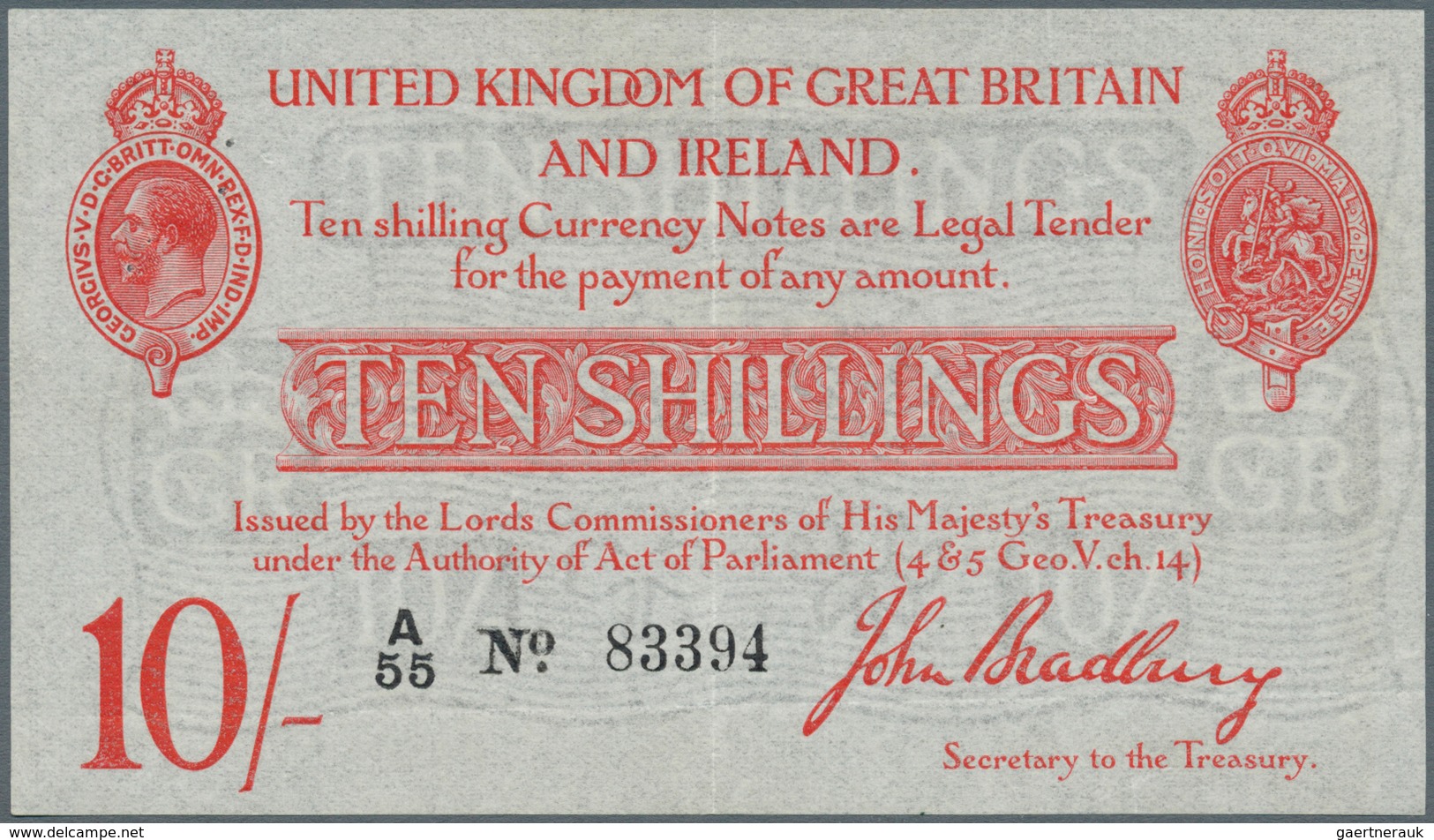 Great Britain / Großbritannien: 10 Shillings ND P. 348, T12, 4 Tiny Pinholes At Upper Left, Light Ve - Sonstige & Ohne Zuordnung