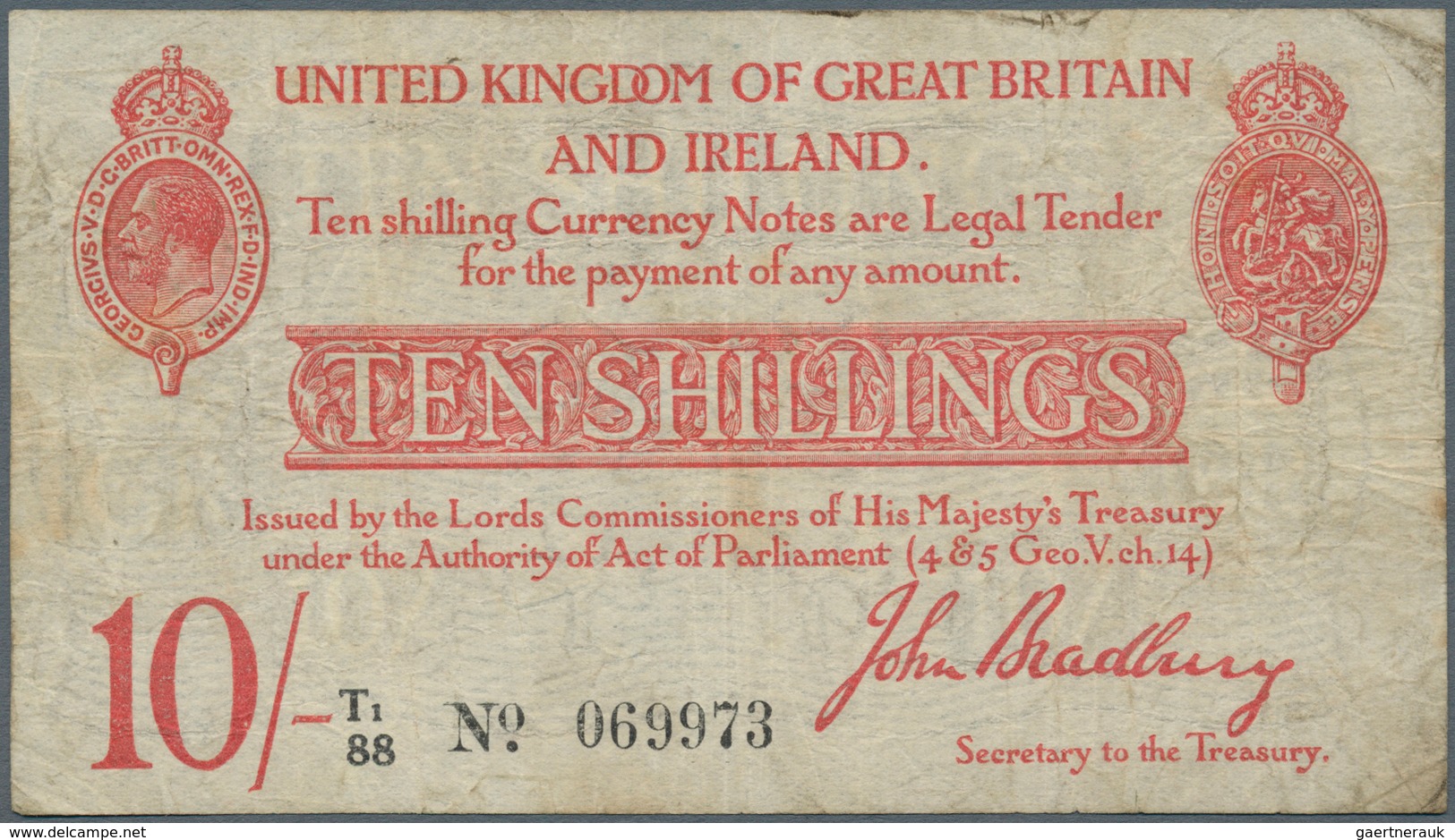 Great Britain / Großbritannien: 10 Shillings ND(1915) P. 348a, Several Folds And Creases In Paper, S - Sonstige & Ohne Zuordnung