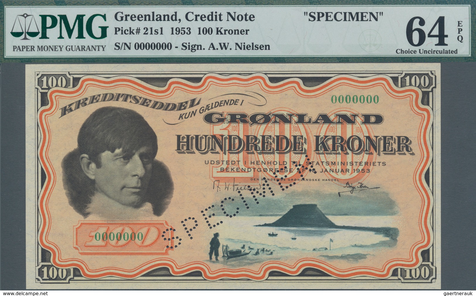 Greenland / Grönland: 100 Kroner 1953 SPECIMEN, P.21s1 In UNC, PMG Graded 64 Choice Uncirculated EPQ - Grönland