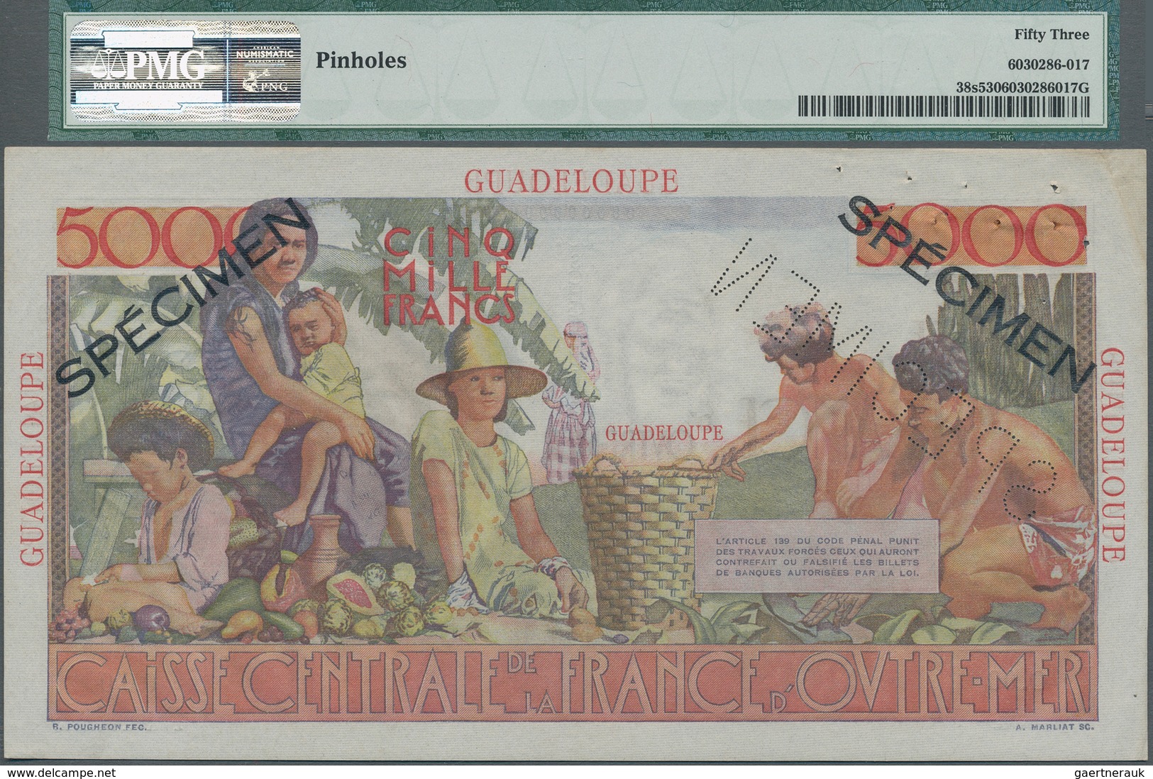 Guadeloupe: Caisse Centrale De La France D'Outre-Mer 5000 Francs ND(1952) SPECIMEN, P.38s, Tiny Dint - Sonstige – Amerika