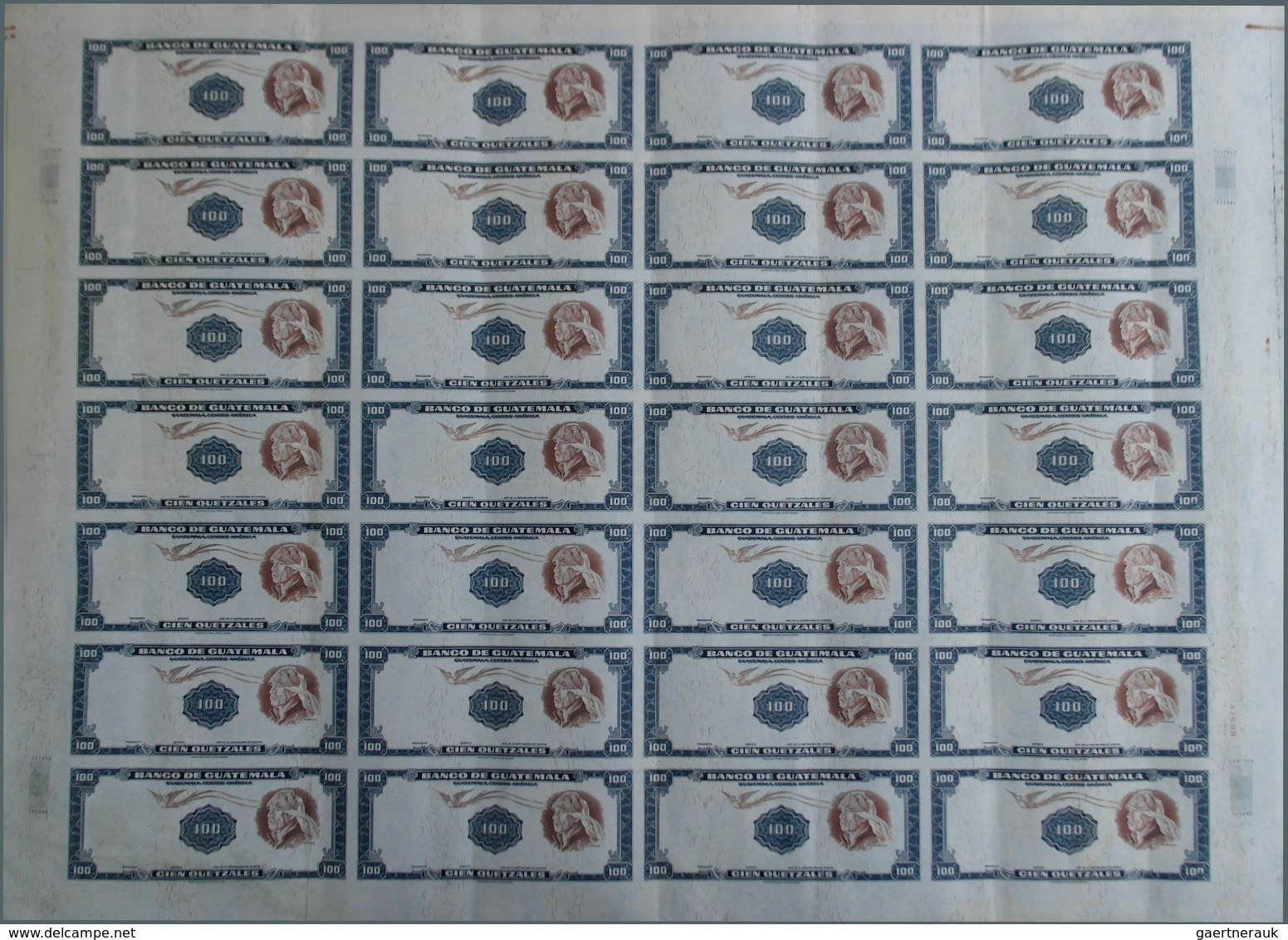 Guatemala: Complete Uncut Sheet 28x 100 Quetzales 1960-65 On Thick Cardboard (P.50 For Type) With Pr - Guatemala