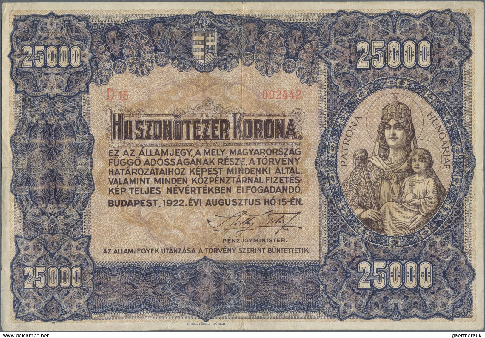 Hungary / Ungarn: 25.000 Korona 1922, P.69, Highly Rare And Great Condition For This Large Size Type - Hungary