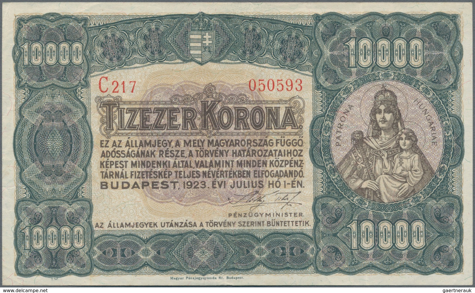 Hungary / Ungarn: 10.000 Korona July 1st 1923, Printer: Magyar Pénzjegynyomda, Budapest, P.77a, Grea - Hungary