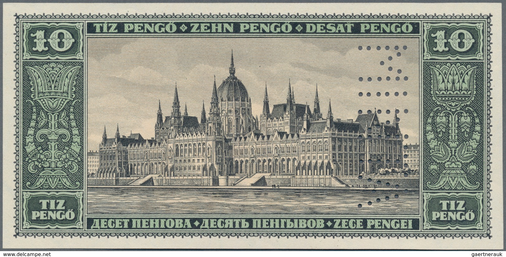 Hungary / Ungarn: 10 Pengö 1926 Front Proof Specimen With Perforation "MINTA", Multicolored On Water - Hungría