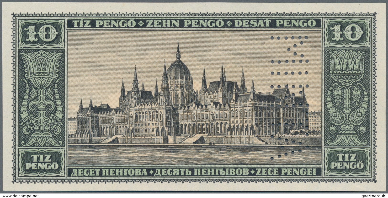 Hungary / Ungarn: 10 Pengö 1926 Reverse Proof Specimen With Perforation "MINTA", Multicolored On Wat - Hungary