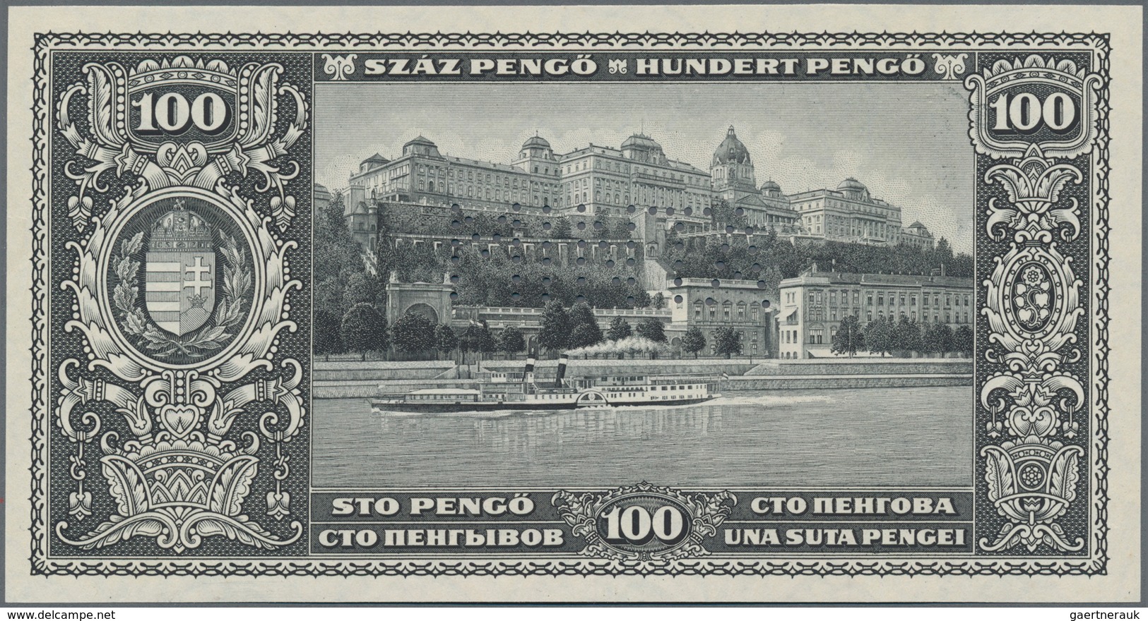 Hungary / Ungarn: 100 Pengö 1926 Black And White Printed Reverse Proof Specimen With Perforation "MI - Hungary