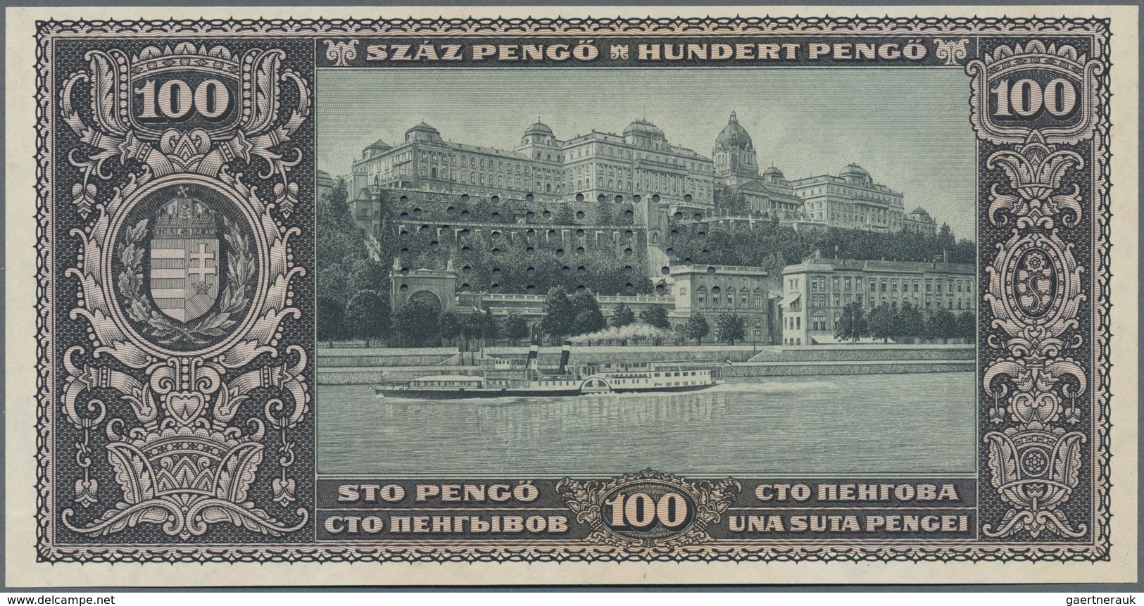 Hungary / Ungarn: 100 Pengö 1926 Unfinished Reverse Proof Specimen With Perforation "MINTA" On Water - Ungarn