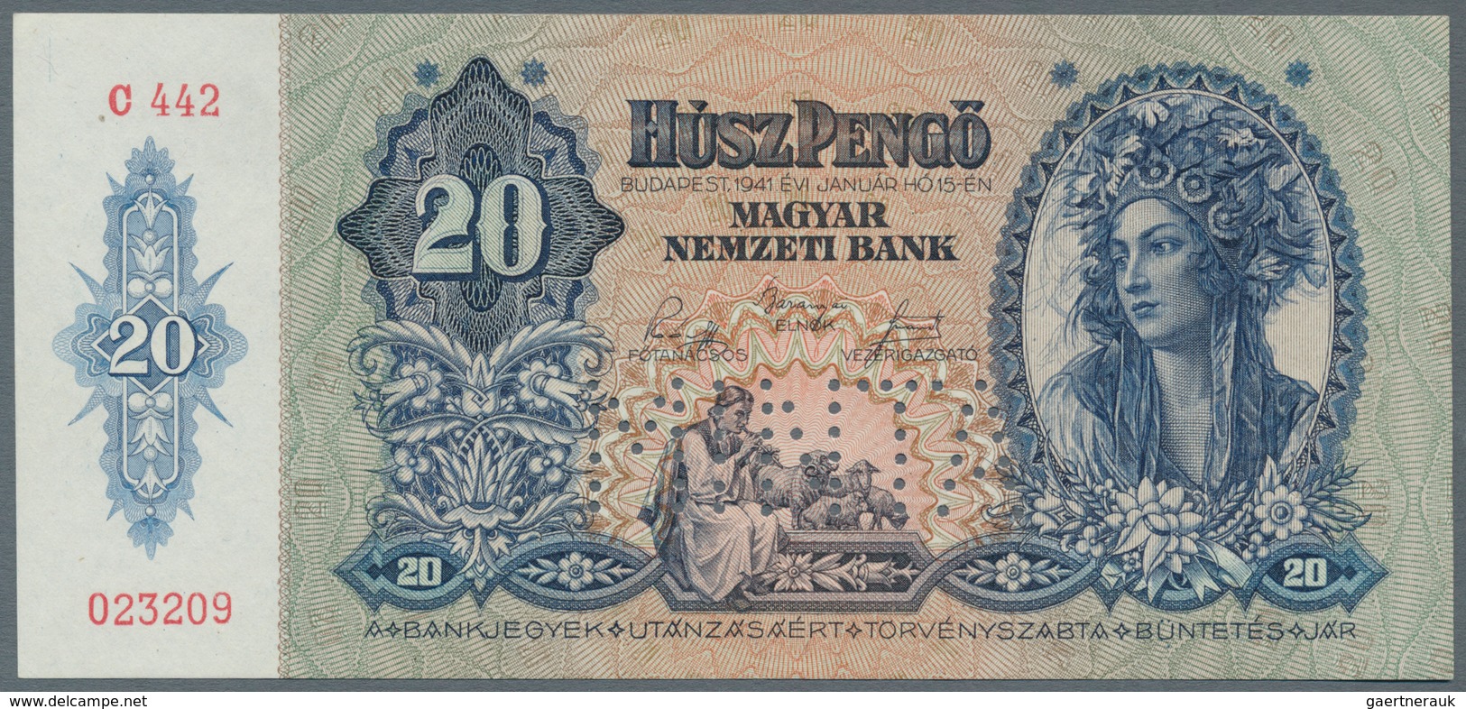 Hungary / Ungarn: 20 Pengö 1941 Specimen With Perforation "MINTA", P.109s, Soft Vertical Bend At Cen - Hungary