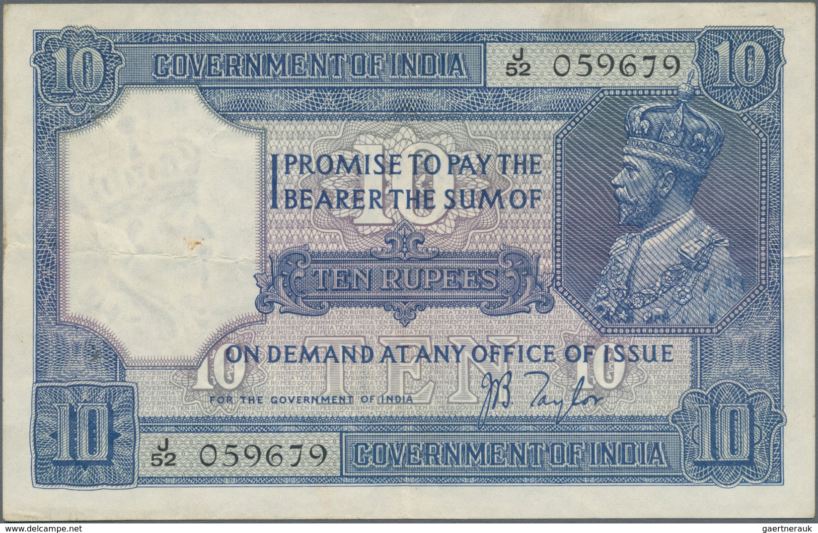 India / Indien: 10 Rupees ND P. 7b, Used With Vertical And Horizontal Fold, 2 Pinholes At Left, Cris - Indien