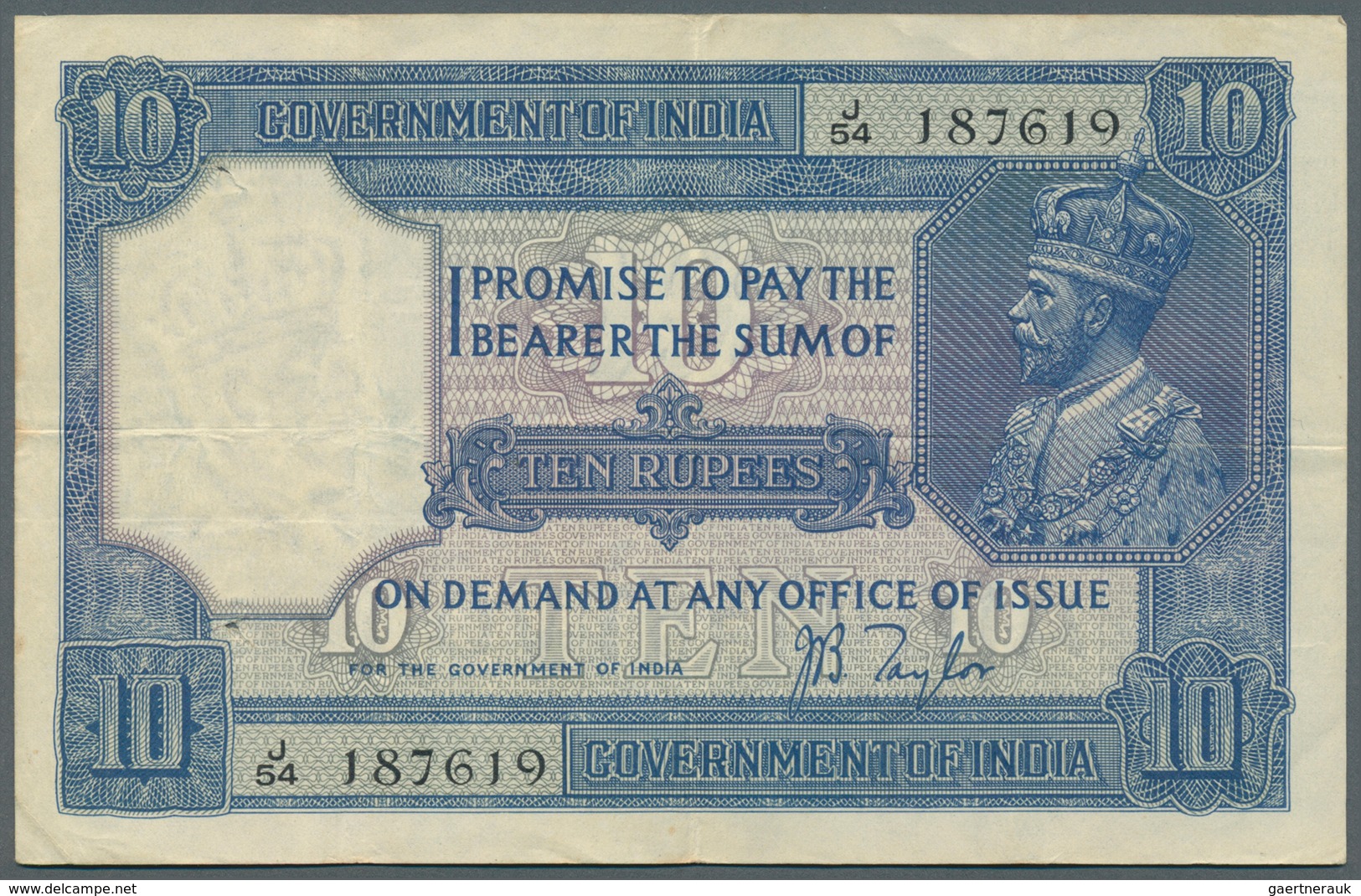 India / Indien: 10 Rupees ND(1917-30) With Signature Taylor, P.7b, Very Nice Looking Note With A Few - India