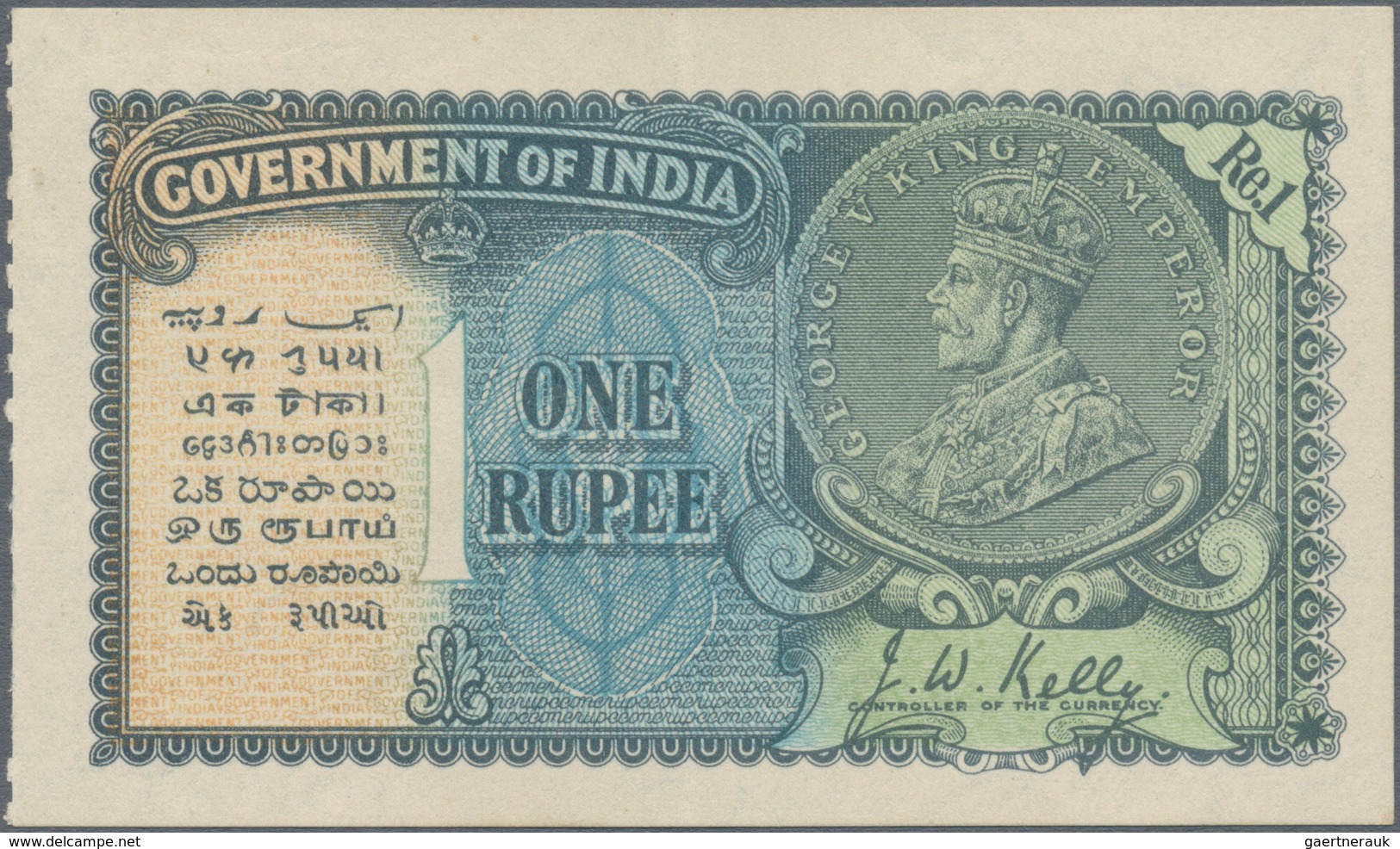 India / Indien: 1 Rupee ND P. 14b, Portrait KGV, With Three Light Vertical Bends, No Holes Or Tears, - India